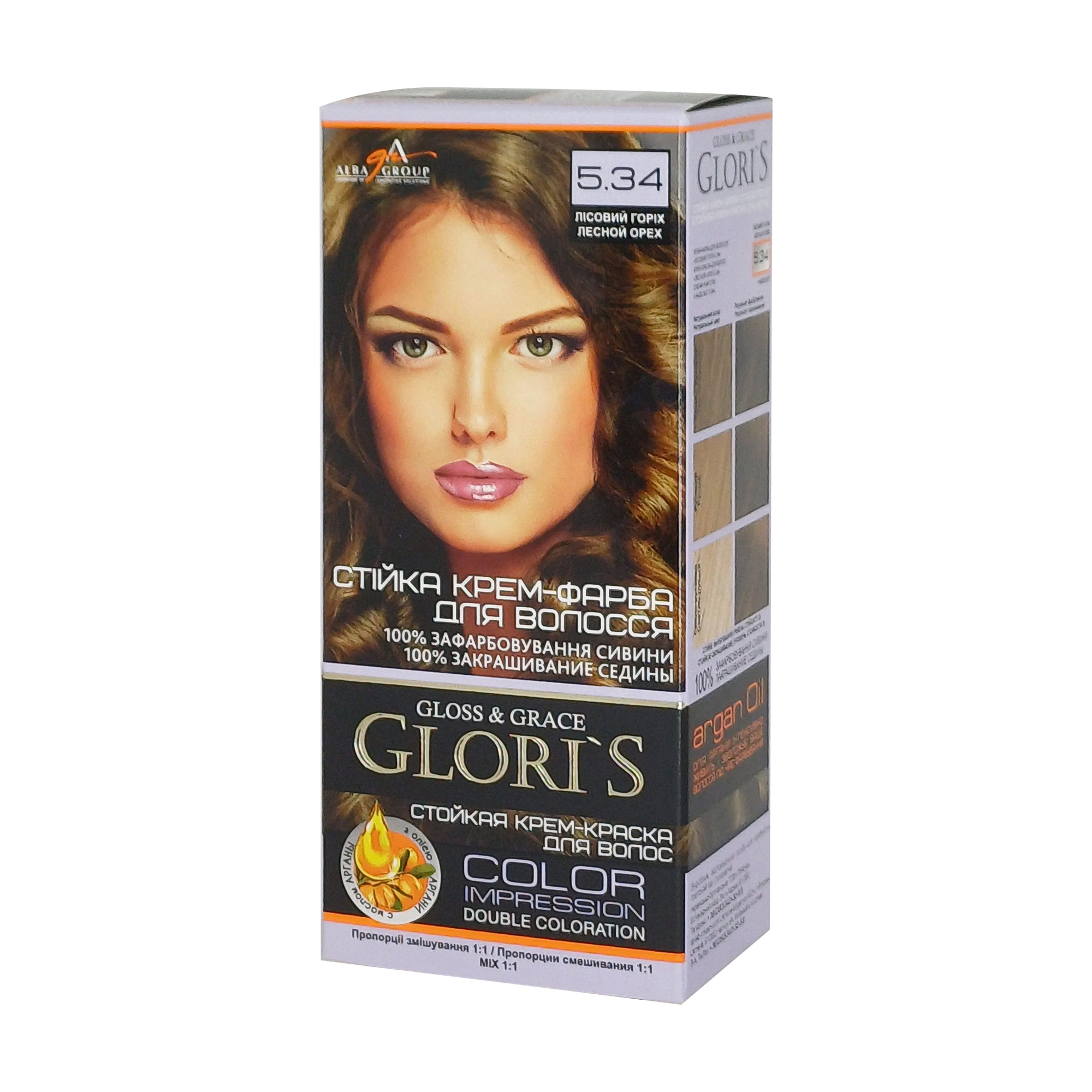 Стійка крем-фарба для волосся Glori's Gloss &amp; Grace для двох застосувань 5.34 Лісовий горіх, 130 мл